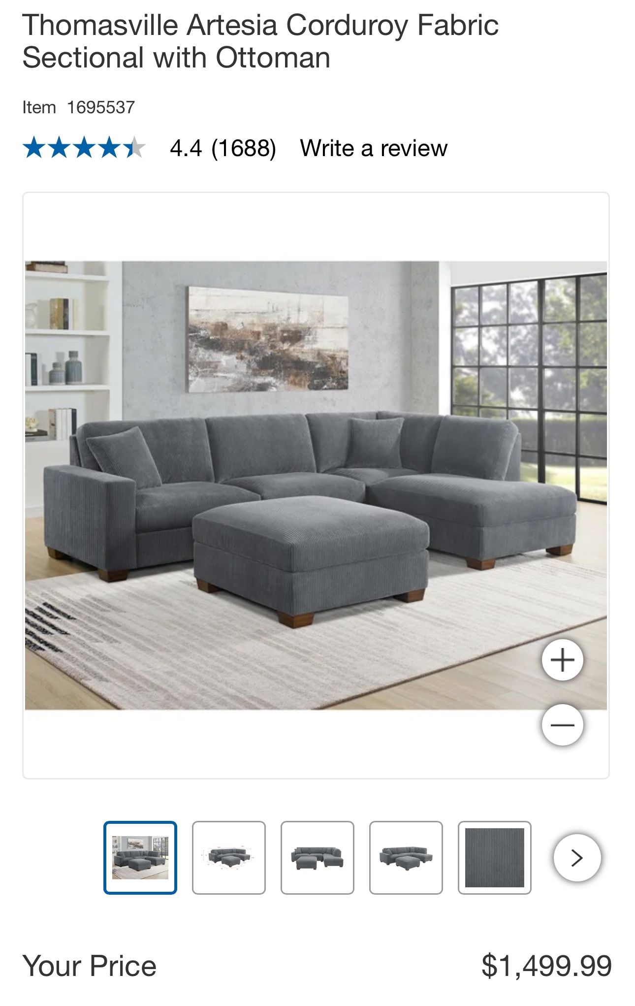 Thomasville Artesia Corduroy Fabric Sectional with Ottoman
