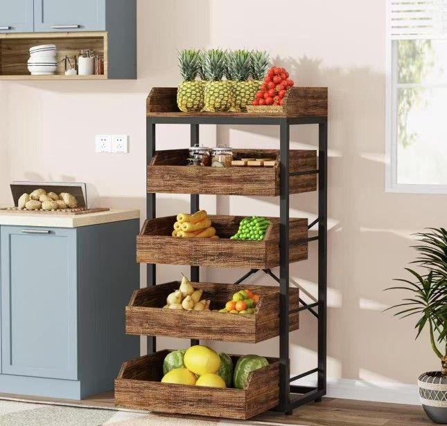 JW0604 new assembled Wood Fruit and Vegetable Storage Rack, 5-Tier Pull-Out Snack Stand Fruit Basket Stand, Utility Shelf Organizer for Kitchen, Livin