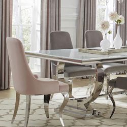 Brand New Glam 7 Piece Dining Set White Chrome Pink Grey 1 Table 6 Chairs 