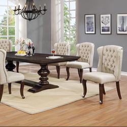 7pc Dining Table Set - Solid Wood Double Pedestal Table + Beige Tufted Wing Back Dining Chairs
