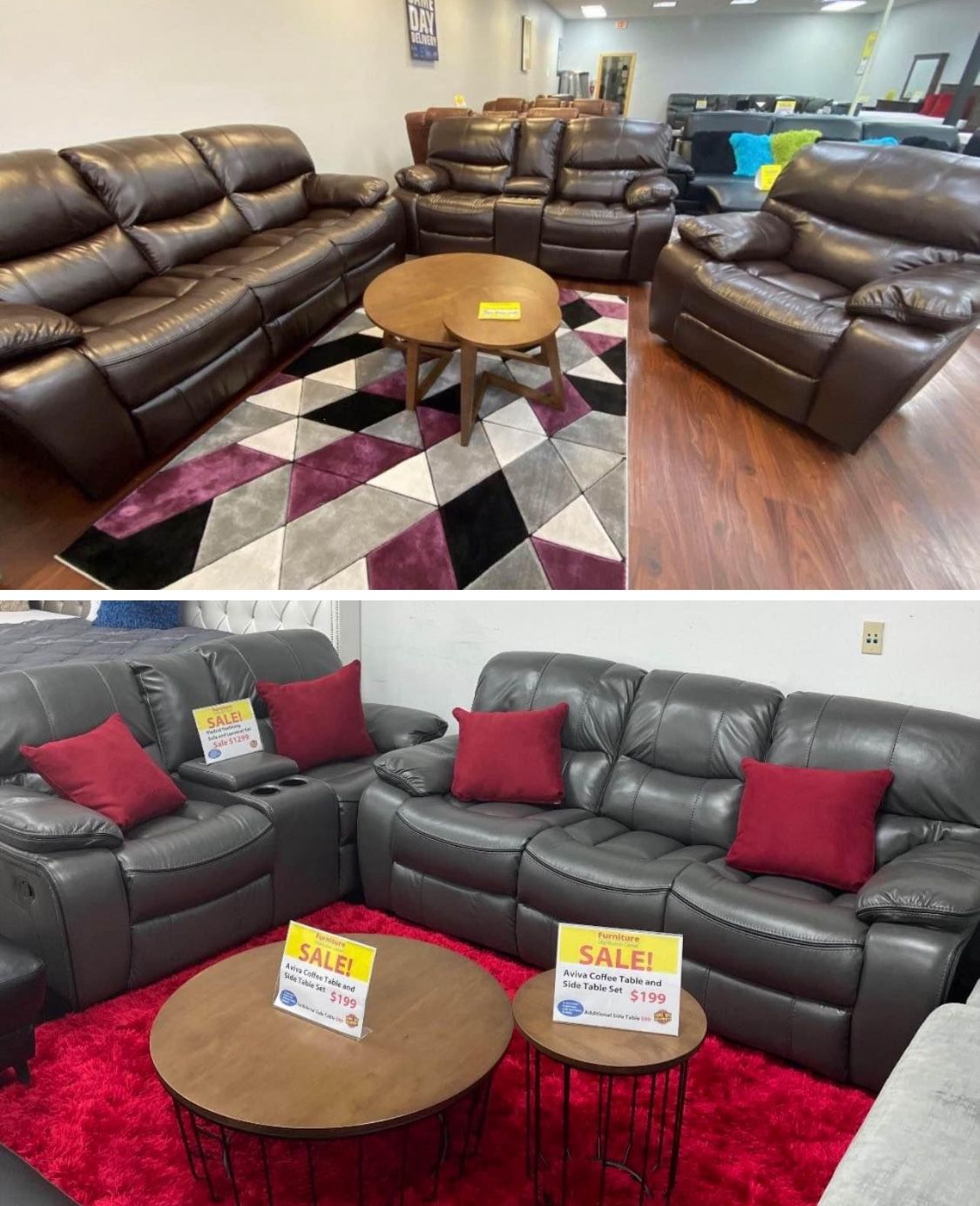 Summer clearance sale. Madrid, leather reclining sofa and loveseat set in brown or gray now $1199. Easy finance option. Same-day delivery.