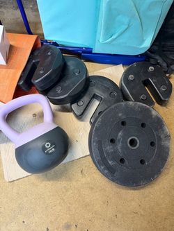 Weight Plates & 10 LB Purple Kettlebell – Workout Equipment
