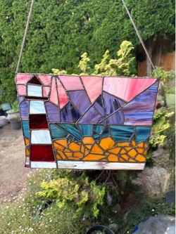 Stained glass panel coastal lighthouse against sunset wall Art  11”x9”
