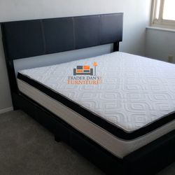 Brand New King Size Black Leather Platform Bed Frame +Pillowtop Mattress