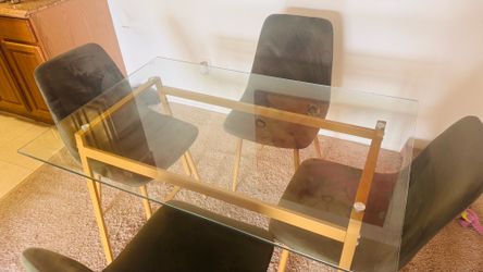 Modern Glass Dining Table Set with 4 Olive Green Chairs — Contemporary Design