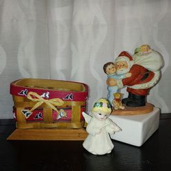 Vintage Homco Santa Figurine with Bell Angel and Basket Sleigh