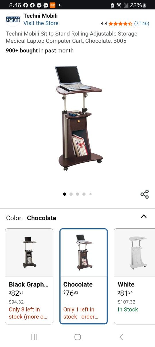 NEW IN BOX Techni-Mobili Sit To Stand Rolling Laptop Cart