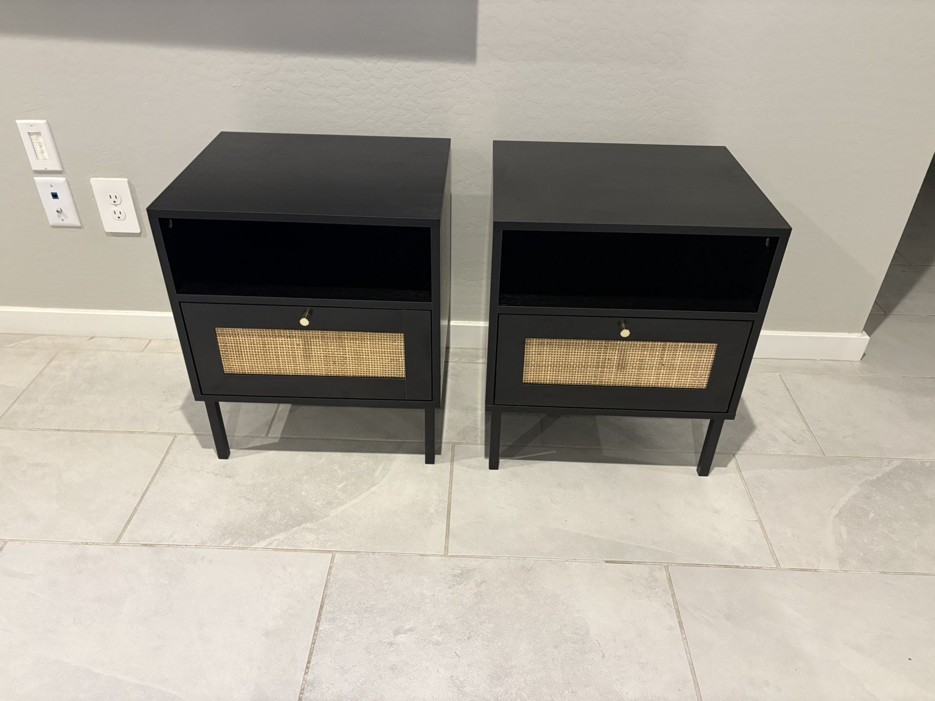 Brand New 2 Black Rattan Boho Nightstand/end Tables With Metal Kegs 19wx22.09hx15.04L