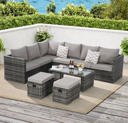 Assembled New 6 Piece Outdoor Patio Furniture Set with Glass Table Stools Wicker Rattan Outdoor Sofa