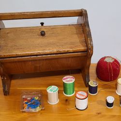 Vintage Wooden Sewing Box Double Sided With Accessories 