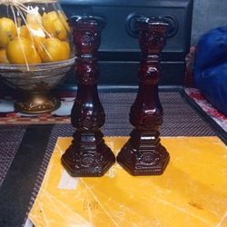 2 Ruby Glass Candlesticks 