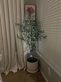 Almost new 5.5 ft faux olive tree with planter and spot light