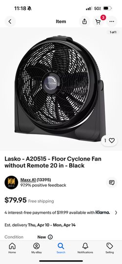 Lasko - A20515 - Floor Cyclone Fan without Remote 20 in - Black
