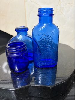 Set of 3 vintage cobalt blue bottle