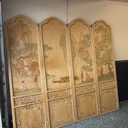 Antique 4 Panel Carved Carved elm wood folding screen with Chinese landscape scenes