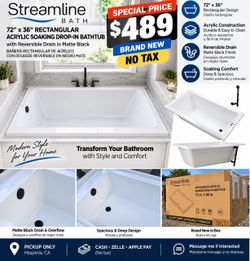 🛁 STREAMLINE BATH — 72” x 36” BATHTUB  Acrylic Soaking Drop-In Bathtub – Glossy White + Matte Black Drain  💰 SPECIAL PRICE: $489  Product details:  