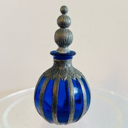 Antique cobalt blue glass perfume bottle ribbed design accented Pewter Overlay