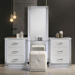 💎GLAM WHITE 3 PIECE VANITY MIRROR CABINET LED LIGHT STOOL SET MAKE-UP MAQUILLAJE TOCADOR💎