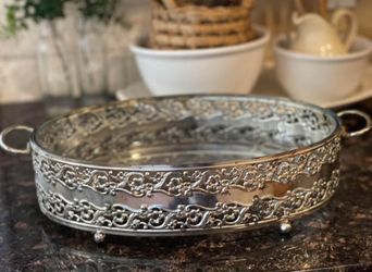 Vintage Silver Plated Footed Casserole Dish Holder Serving Tray W/ Handles . Pyrex France