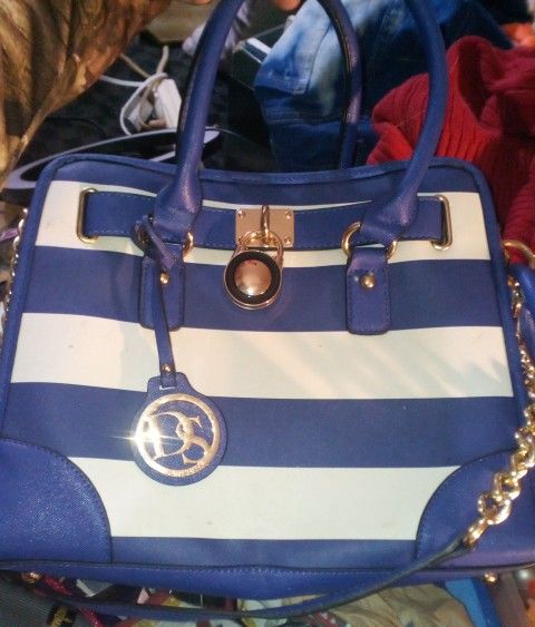 Dasein Satchel Leather Handbag With Navy Blue & White Stripes