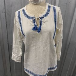 Hatley Cream Tunic Top with Blue Embroidered Trim size M