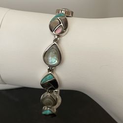 Vintage 925 sterling silver turquoise Stone & abalone Paua Shell Inlay Bracelet