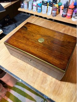 Antique Victorian Rosewood Writing Box with Brass Inlay and Trim