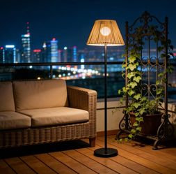 Solar Outdoor Floor Lamp with Rattan Shade, 47 Inch