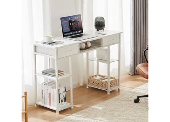 48-Inch White Desk with Drawers & Shelves Modern Storage Writing Desk