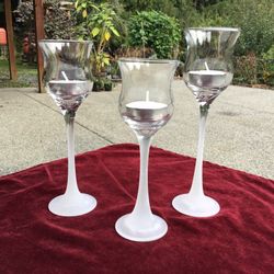Three Beautiful Tapered Frosted Stemmed Tea Light Glass Candle Holders With Candles     No Chips Or Cracks 