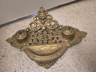 Vintage Brass Victoria Double Well Inkwell and Holders