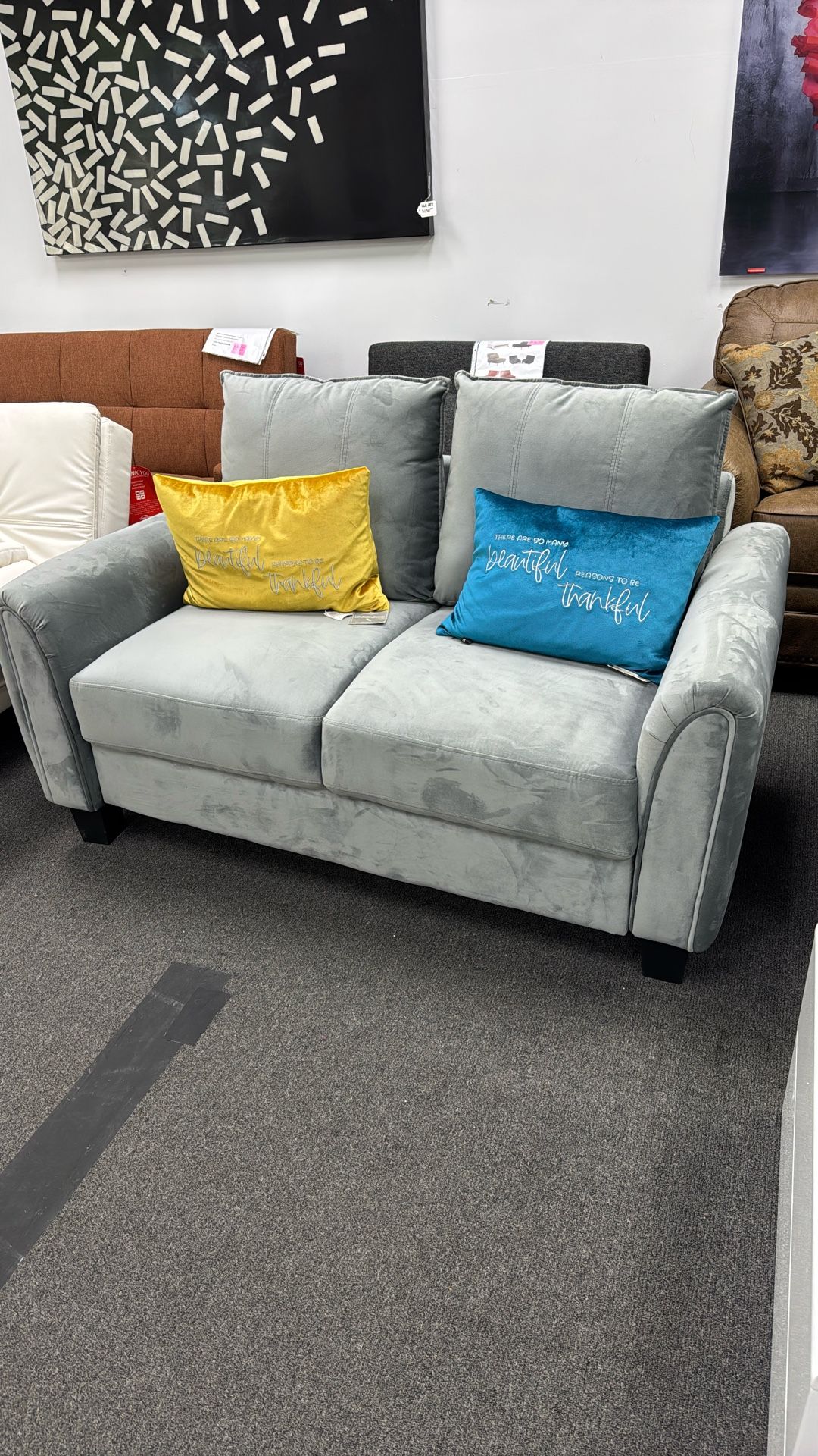 Rolled Arms Loveseat In Grey Velvet Fabric.