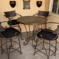Outdoor Bistro Table With Copper Top And 4 Metal Bar Chairs – Rustic Wrought Iron Style