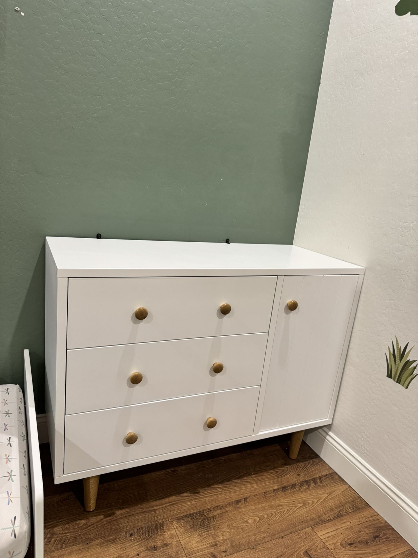 Crate & Barrel Finn 44" Narrow White Wood 3-Drawer Kids Dresser with Door/Changing Table