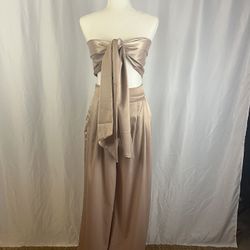 Champagne blush pink silk satin wide pant high waisted wrap tube top halter set