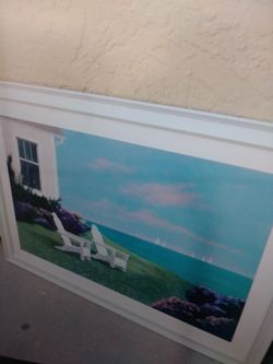 Large white framed wall art/photo of beach house