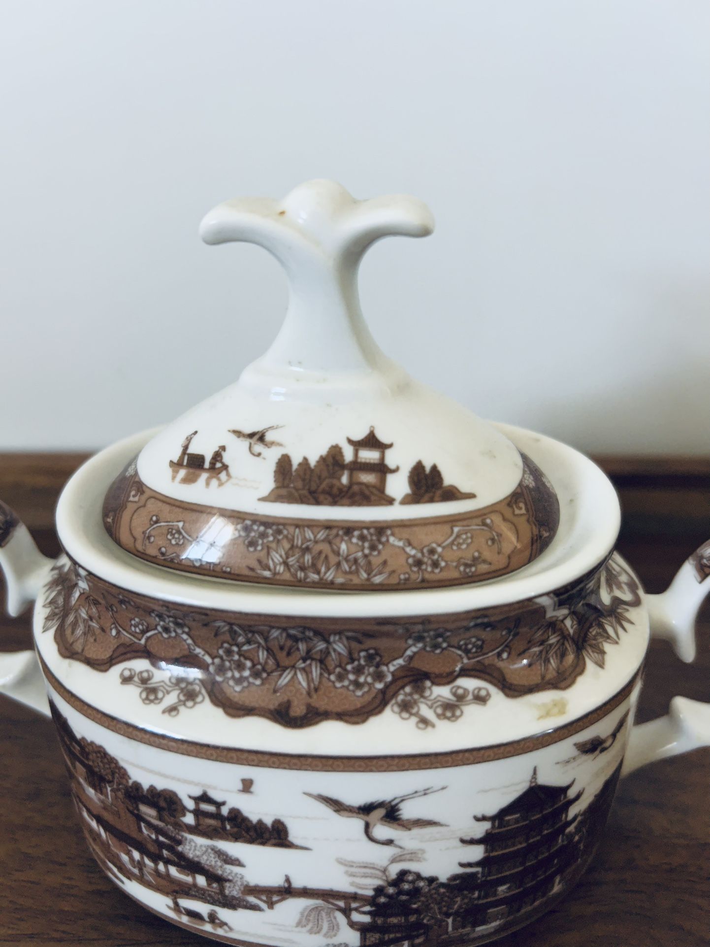 Vintage Brown Willow Sugar Bowl and Medium Platter Collection