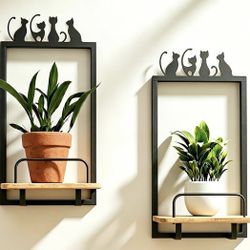 Shineled Wall Planter for Indoor Plants 2 Pack, Wall Mounted Plant Holder for Small Plants, Floating Wall Shelf for Plants, Real Oak Wood, Magnetic An
