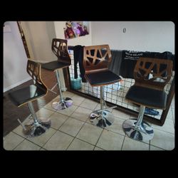 Modern Chrome Wood And Leather Stools