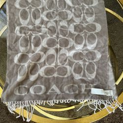 Large Coach F76384 Signature Twill Fringe Logo Wool Cashmere Scarf Grey Beige