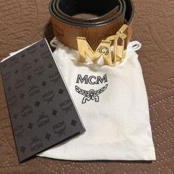MCM men’s Claus Reversible Belt Cognac and Black Leather Gold Buckle 