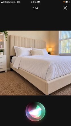Beige Upholstered Bed Frame with Tall Headboard