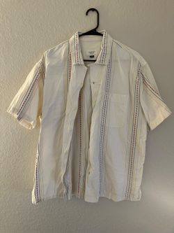 American Eagle Cream Striped Short Sleeve Shirt Large