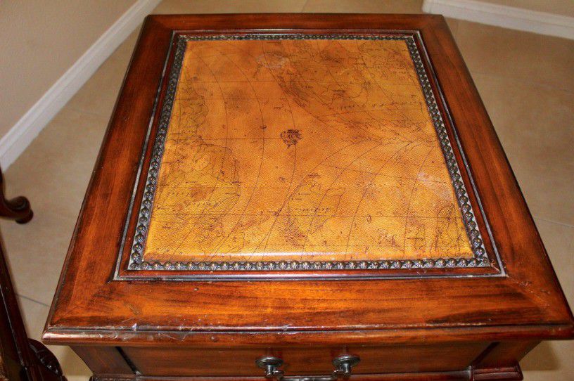 Old World Map Print Coffee End Table and Wine Bar Trunk with Sliding Top  and Drawers 