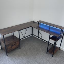 L Shaped Computer Desk with Power Outlets & LED Lights