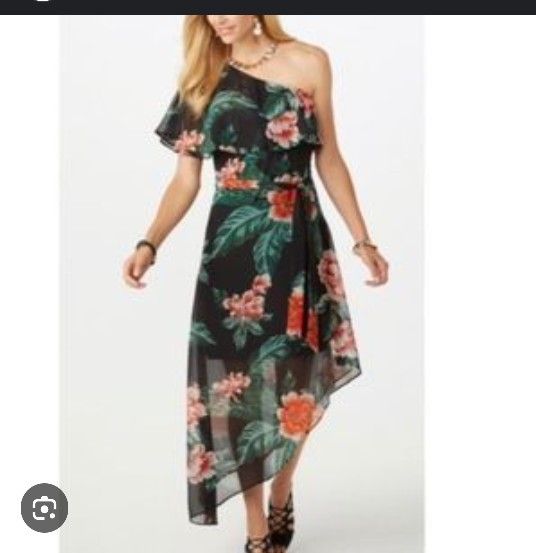 Roz & Ali Floral One Shoulder Asymmetrical Dress With Belt Size 6