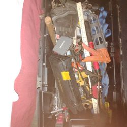 Large Lot Of Random Tools. Lots Of Wrenches, Socket Set, Level, Different Screw Drivers, Palm Nailer, Level, Etc