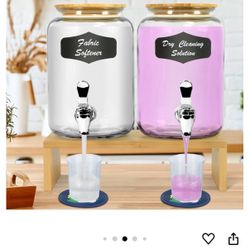 New 2PCS 1Gallon Glass Laundry Detergent Dispenser Set with Bamboo Lids and Stand - Liquid Soap and Fabric Softener Dispensers with Spigots, Cups, Lab