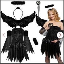 5 Pcs Halloween Angel Costume For Girls Angel Dress Feathered Wings Fishnet Tights Headband Wand For 4-6 Years Kids Cosplay