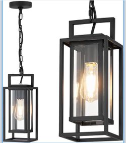 14" Outdoor Pendant Light Fixtures Waterproofed Exterior Lantern W/Sturdy Rectangular Double Cage In Satin Black&Clear Tempered Glass,Hanging lighting